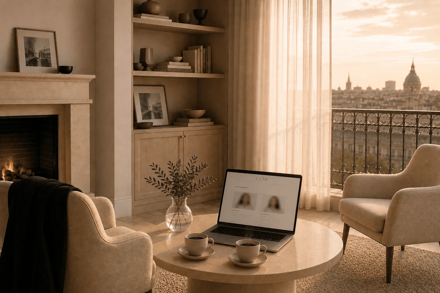 Salon avec cheminée, deux fauteuils et un ordinateur portable